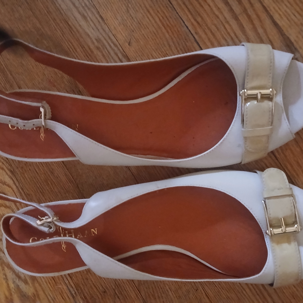 Cole Haan Women's White and Tan Buckle Heels